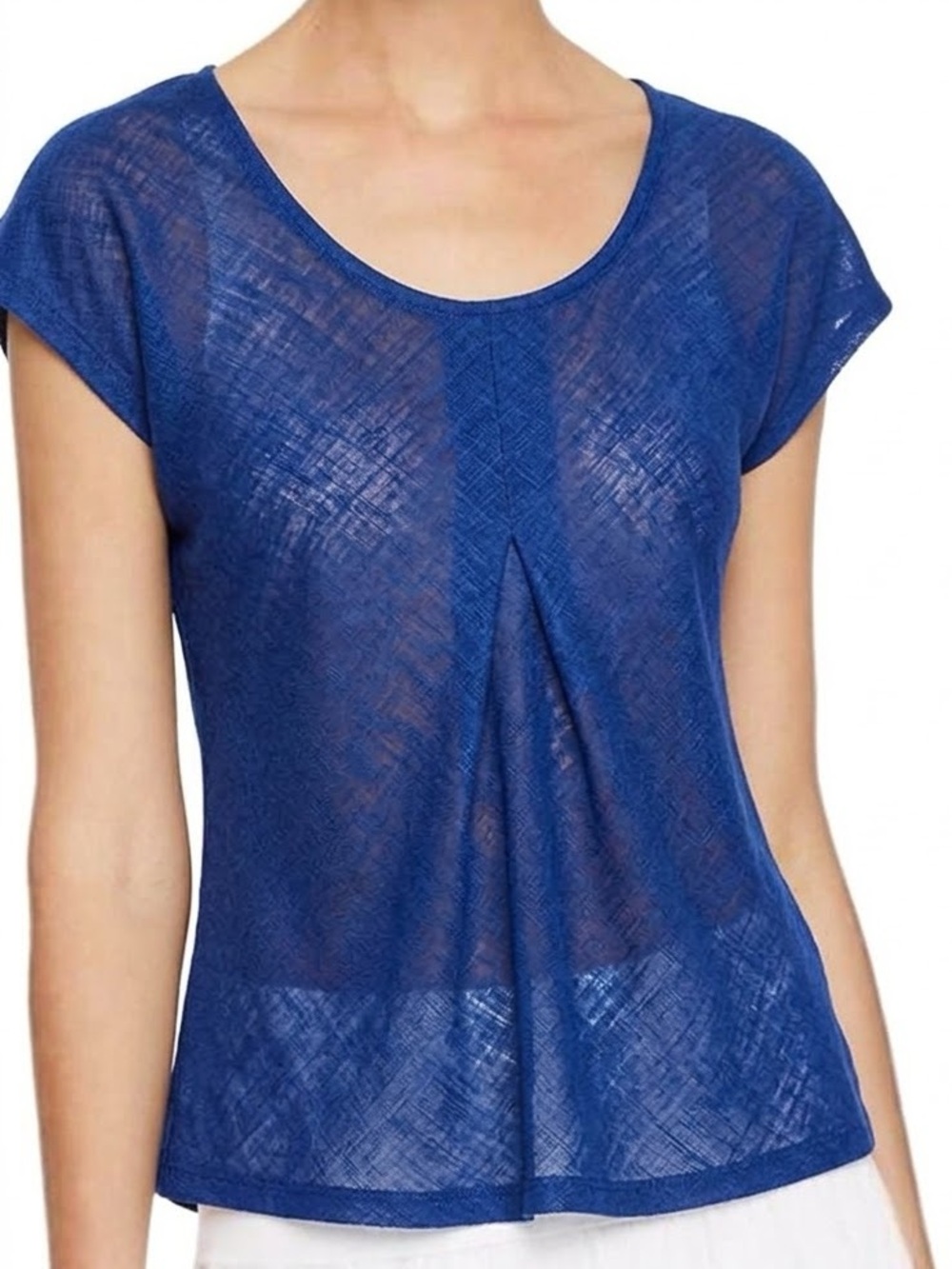 EILEEN FISHER 100% Linen Sheer Saphire Blue Navy Bias Cut Linen Cap Sleeve Top S